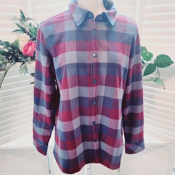 EDDIE BAUER PLAID SNAP DOWN BLUE/CRANBERRY NEW FLEECE LINED SIZE LARGE - Picture 1 of 9